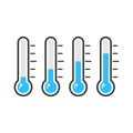 Thermometer icon set. Measurement instrument. Weather thermometer with blue mercury. Royalty Free Stock Photo